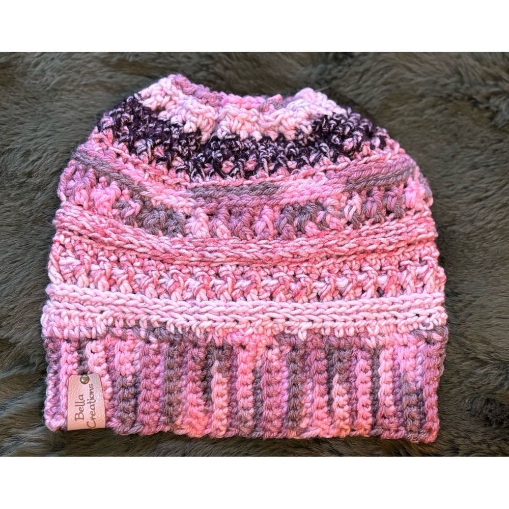 Handmade Crocheted Knit Ponytail Beanie Pink/Black Adult SzLogo Bella‎ Creations